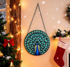 Full-Show Peacock Stained Glass Sun Catcher, 6 Inch Round Hand-Painted Window Hanging with Chain, Vibrant Glass Art for Home Garden Decor, Unique Gift for Nature & Bird Lovers