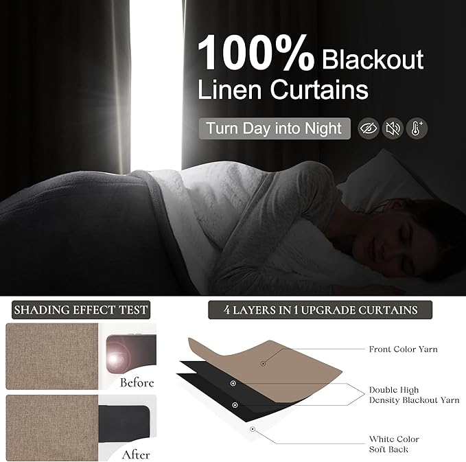 Dark Flax Black Out 120 Inch Long Boho Curtains 2 Panel Set, Farmhouse Curtain for Living Room Darkening/Thermal/Noise Reduction Textured Linen Drape 10ft Hook&Ring Included Chocolate 50"Wx120" L