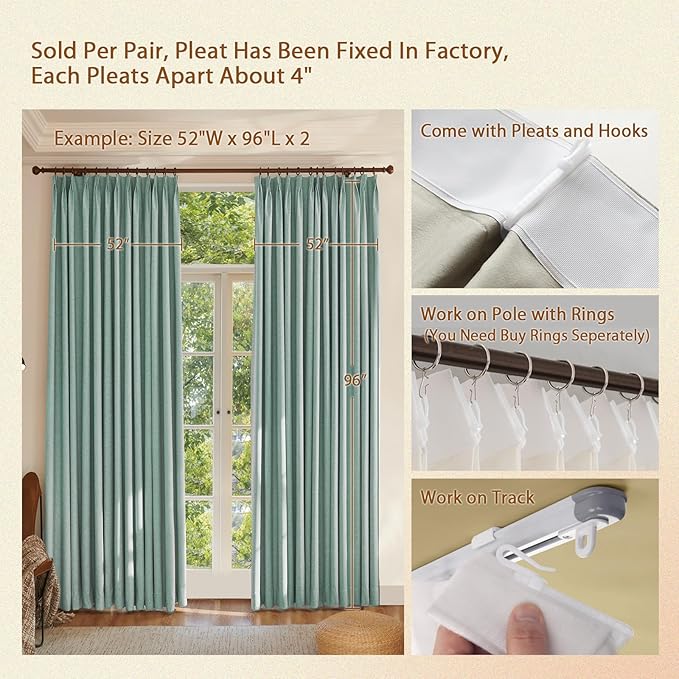 Textured Linen Pinch Pleated 100% Blackout Curtains for Bedroom/Living Room Blackout Curtains 102 Inches Long, Energy Saving Window Treatment Curtains,52Wx102Lx2,Green