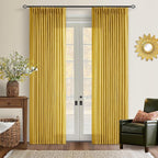 Mustard Yellow 90 Inch Linen Curtains Pinch Pleated for Living Room Bedroom Dining Boho Light Filtering Pinch Pleat Drapes Hooks Rings Back Tab Semi Sheer Gold Harvest Spring Window Curtains 2 Panels