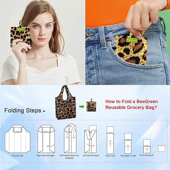 BeeGreen Leopard Print Reusable Grocery Bags 6 Pack, Heavy Duty Totes for Women, Foldable Grocery Bag Large Shopping Totes with Handles for Work, Travel, Gift, Polyester Washable Reusable Tote Bag