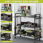 Fishing Rod Holders for Garage, Fishing Rod Stand with Wheels and Pegboard, 3-Tier Pole Storage Rack with 8 Hooks and 12 Rod Slots, Ideal for Tackle, Backpacks, and Gear