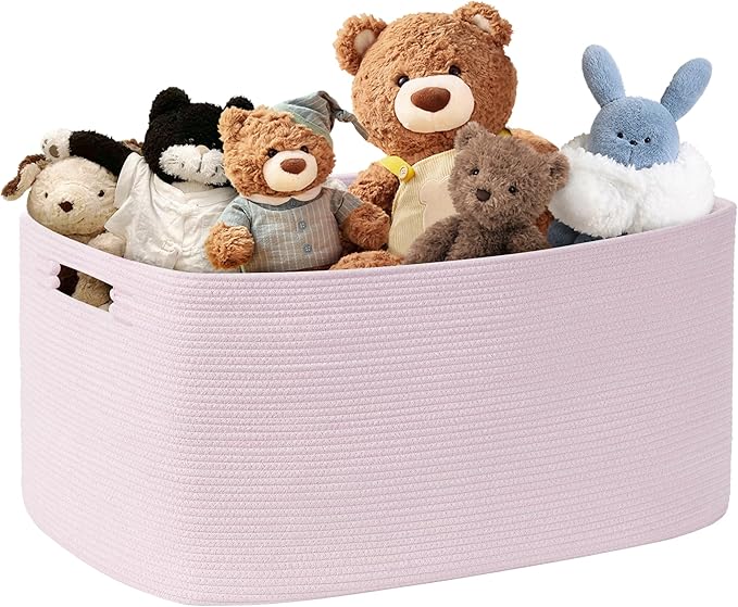 72L Large Baby Girls Laundry Basket for Nursery Storage,Cute Woven cotton Rope Baskets for Kids Toy，Gifts, Boho Square Wicker Blanket hamper for Living Room,Bedroom Dirty Clothes,Pink