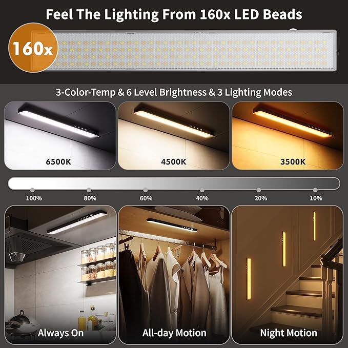 160LEDs Touch-Control Under Cabinet Lighting w/4000mAh Battery, Cordless Motion Sensor Under Counter Lights for Kitchen, Magnetic Rechargeable Closet Lights - 1Pack/Black, 2025 Fall