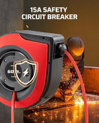 DEWENWILS Retractable Cord Reel, 60FT Heavy Duty Extension Cord, 12AWG/3C SJTOW, 3 Grounded Outlets Lighted Triple Tap, 15A Circuit Breaker, Wall/Ceiling Mounted for Garage, Workshop, UL Listed, Red