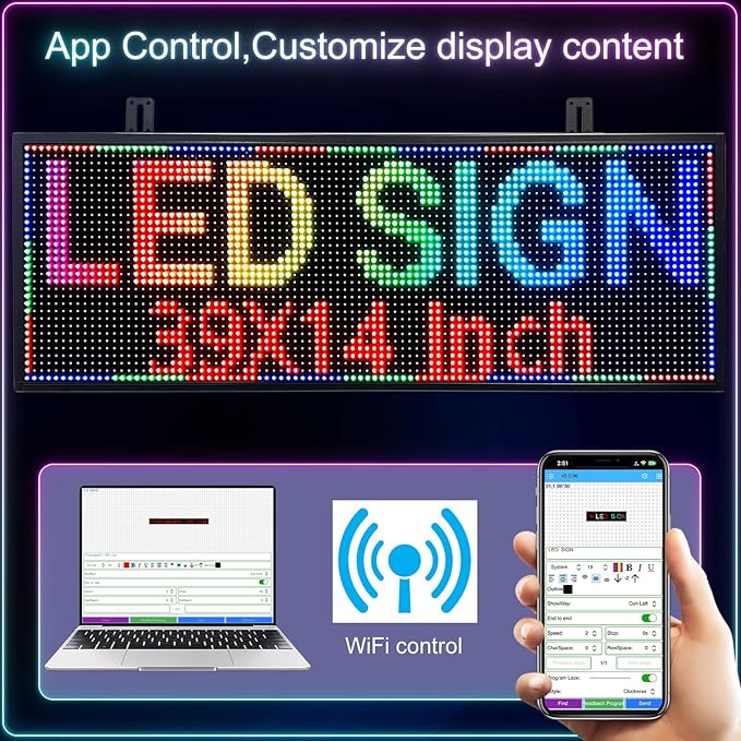 Led Sign Custom Programmable Scrolling Outdoor Digital For Business Matrix Panel Electronic Message Board Display Screen Waterproof Ip65 Wifi/App Control 96x32 Rgb Matrix, 39"X14"