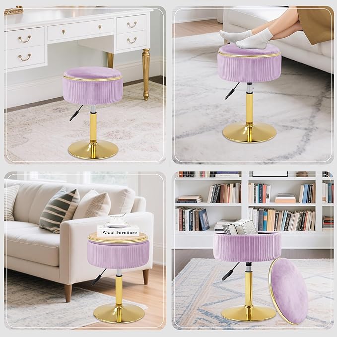 Adjustable Vanity Stool with Storage, 360° Swivel Makeup Stool Chair Small Velvet Round Ottoman with Gold Base for Bedroom (Purple)