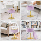 Adjustable Vanity Stool with Storage, 360° Swivel Makeup Stool Chair Small Velvet Round Ottoman with Gold Base for Bedroom (Purple)