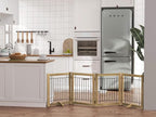 Wire Dog Gate Solid Wood Frame, Anti-Chewing, 4-Panel, 24" Height, 80" Width, Indoor Freestanding Pet Gate Foldable Wooden Dog Fences for Stairs, House, Doorway, Oak Color