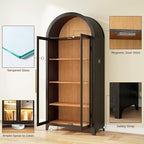 Vlsrka 71" Arched Display Cabinet with Glass Doors, Curio Cabinet with LED Light & Human Sensor, 5-Tier Display Cases for Collectibles, Storage Cabinet with Ajustable Shelf for Living Room(Black+Wood)