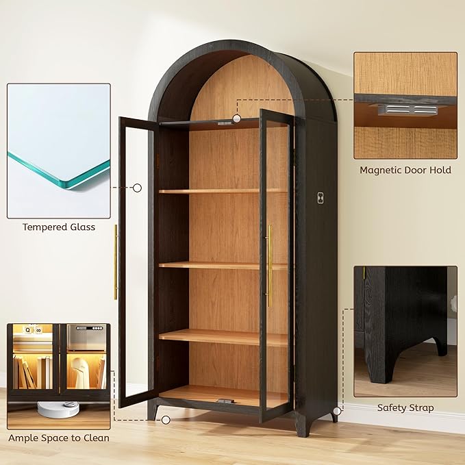 Vlsrka 71" Arched Display Cabinet with Glass Doors, Curio Cabinet with LED Light & Human Sensor, 5-Tier Display Cases for Collectibles, Storage Cabinet with Ajustable Shelf for Living Room(Black+Wood)