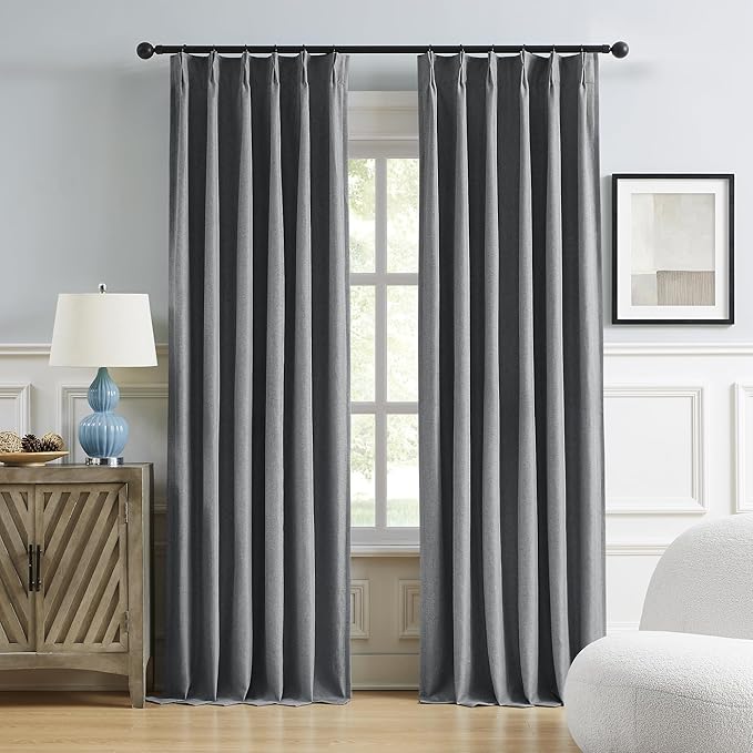 DUALIFE 90 Inch Pinch Pleated Blackout Curtains Grey Thermal Insulated Back Tab Curtains with Hooks, Room Darkening Pleat Curtain Drapes for Bedroom 40W x 90L, Grey, 2 Panels