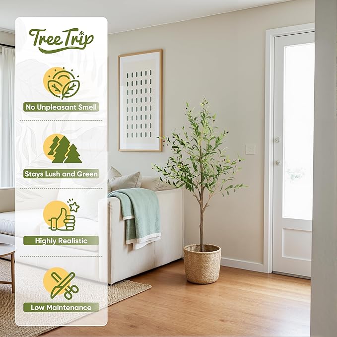 Artificial Olive Tree 5FT, Tall Faux Olive Trees for Indoor Outdoor, Realistic Potted Plant Natural Wood Trunk, Leaves and Fruits for Home Office Decor (1, 5FT)