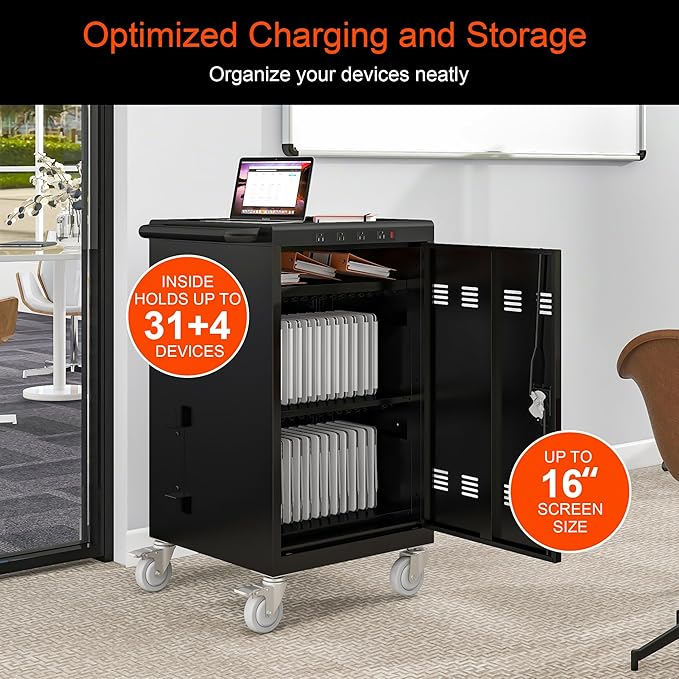 Laptop Charging Cart,35 Devices Tablet Storage Carts for pad Up to 16.3" Screen Size, Classroom Computer Mobile Charging Station for Pads, Chromebooks,Laptops, Security Storage(31+4 Bay-Black)