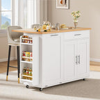 53.9" Rolling Kitchen Island Cart with Drop Leaf & Storage - Mobile Kitchen Organizer with Wheels, Rubberwood Top, Trash Bin Cabinet & Towel Rack, White Farmhouse Style for Small Spaces