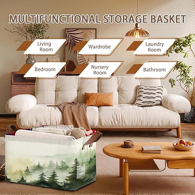 Woodland Mist Storage Basket Large 17x11.5x10.5 Inche-Collapsible Fabric Organizer Bin with Handles for Rustic Decor, Nursery, Cottage - Foldable Decorative Hamper with Foggy Forest Design-Single Pack