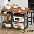 HOOBRO Kitchen Island with Power Outlet, Rolling Kitchen Cart with Drop Leaf, Island Table with Extendable Worktop and Adjustable Shelf, Kitchen Island Cart for Dining Room, Rustic Brown BF22UZD01