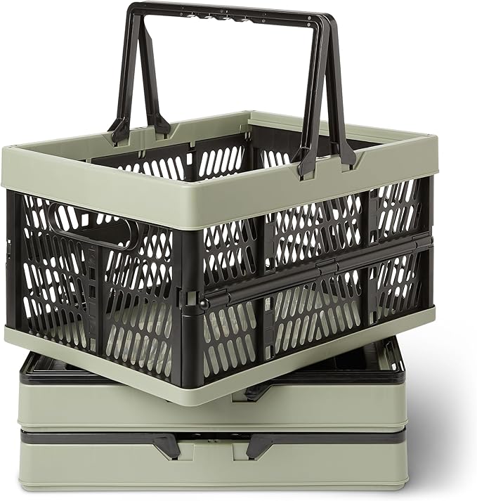 Amazon Basics Collapsible Plastic Grocery Shopping Baskets with Handles, 3 Pack, 6.6 gallon, Green