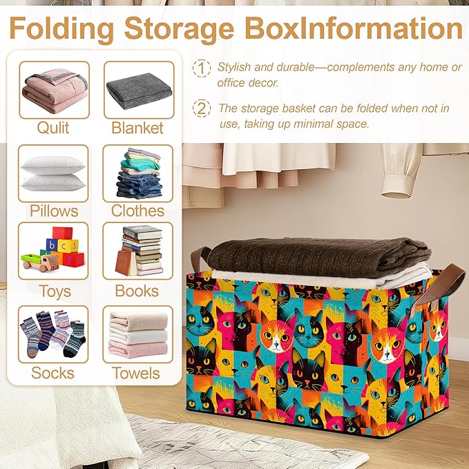 32L Large Storage Bins with Handles, Cute Animal Basket Organizer for Shelves, Closet, Books, Laundry & Home Decor (Abstract Cat)