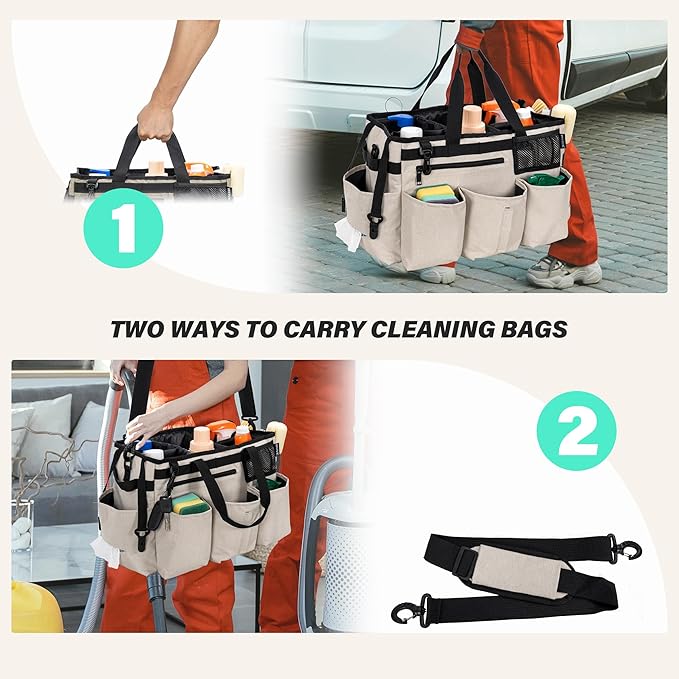 Wearable Cleaning Caddy Bag for Cleaning Supplies,Large Capacity Cleaning Organizer White