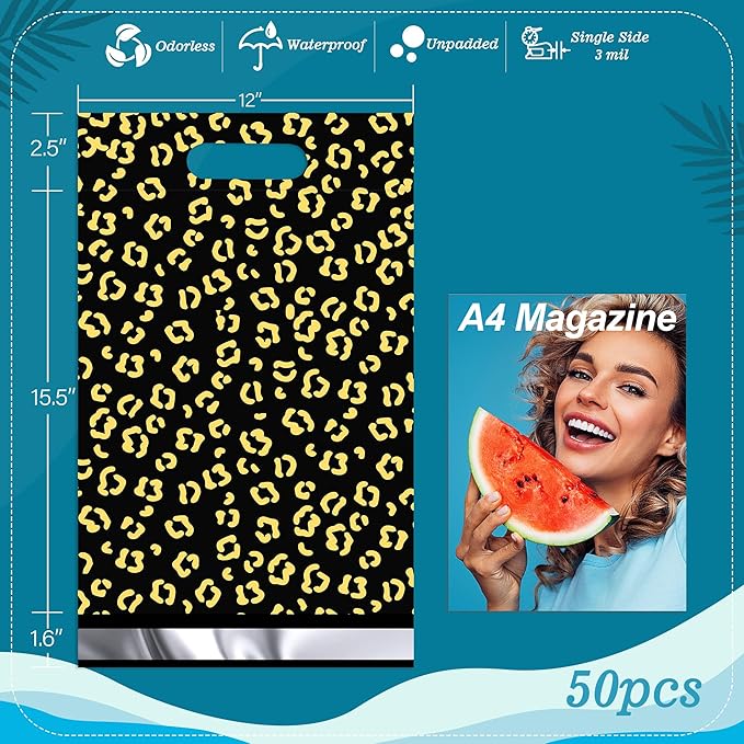 JinRuiKJ Poly Mailers with Handle 12x15.5 Inch 50 Pcs, Easy to Carry Packaging Bags for Small Business, Thank You Shipping Bags with Self Adhesive Strip, Tearproof and Waterproof - Gold leopard