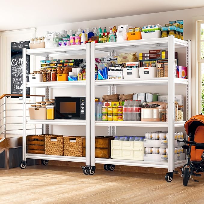 REIBII 4 Tier Storage Shelves with Wheels, 530LBS Pantry Shelves, Adjustable Metal Shelving Unit for Pantry, Kitchen, Living Room, Laundry, Home Office, 59.8" H x 31.5" W x 16.5" D, White