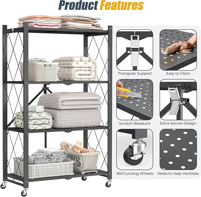 4-Tier Folding Metal Storage Shelf with Wheels, No Assembly Organizer Rack, Heavy Duty Collapsible Shelving Unit for Garage, Kitchen, Basement, Pantry, Living Room(New Upgrade - Black, 4 Tier)