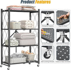 4-Tier Folding Metal Storage Shelf with Wheels, No Assembly Organizer Rack, Heavy Duty Collapsible Shelving Unit for Garage, Kitchen, Basement, Pantry, Living Room(New Upgrade - Black, 4 Tier)