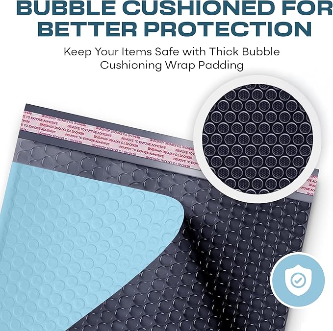 Light Blue Poly Bubble Mailers 7.25x12 inch #1 | Self Seal Padded Envelopes | Cushioned Bubble Mailer | Usable Size 7.25x11 | WaterProof | Lightweight mailing Shipping Bags | 200 Pack Bulk