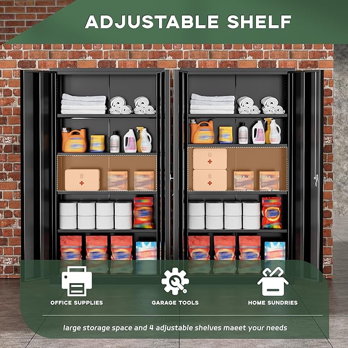 Greenvelly Metal Storage Cabinet, 72" Black Metal Locking Storage Cabinet with Doors and 4 Adjustable Shelves, Large Steel Cabinet for Home Office, Garage, Shop, School (32" W x 16" D)
