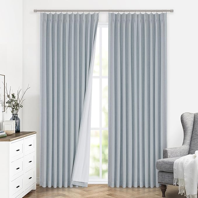Vision Home Blue Fog Pinch Pleated Full Blackout Curtains Linen Blended Room Darkening Window Curtains 120 inch for Living Room Bedroom Thermal Insulated Pinch Pleat Drapes with Hooks 60" Wx120 Lx1