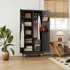 Aobabo Metal Broom Closet Storage Cabinet on Wheels and 2 Lockable Doors, Steel Cleaning Cabinet for Garage with Pegboards and Hooks,Mop Storage Cabinet,Black,Assembly Required