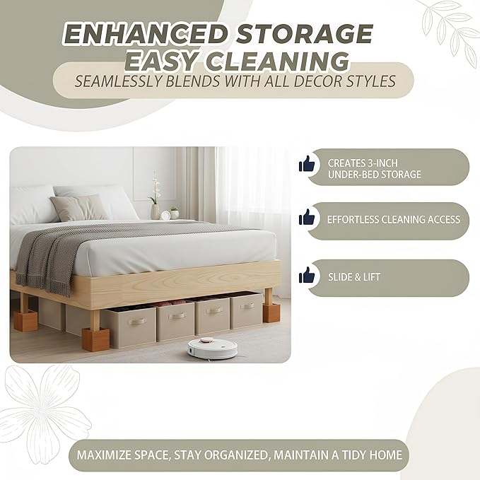 3-Inch Solid Pine Furniture Risers – 2000LBS Capacity, Tool-Free Install, Natural Wood Design for Beds, Sofas & Desks (3 Inch)