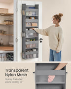 SONGMICS Over The Door Organizers, Set of 2 Hanging Door Organizers with 5 Large Pockets, 5-Tier Fabric Storage, Transparent Nylon Mesh, Foldable, Metal Hooks, with Side Pouches, Dove Gray URDH008G01