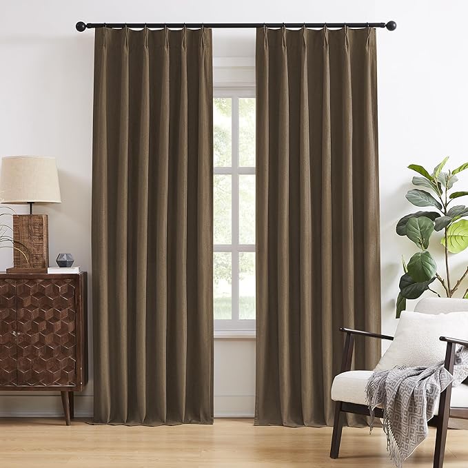 DUALIFE Chocolate Brown Pinch Pleated Blackout Curtains 84 Inches Long, Back Tab with Hooks, Linen Full Black Out Thermal Insulated Track Curtain for Bedroom Living Room,40" Wx84 L, 2 Panels