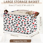 Paw Print Storage Basket Large 17x11.5x10.5 Inche-Collapsible Fabric Organizer Bin with Handles for Pet Lovers, Nursery, Bedroom-Foldable Decorative Hamper with Heart & Paw Design-Single Pack