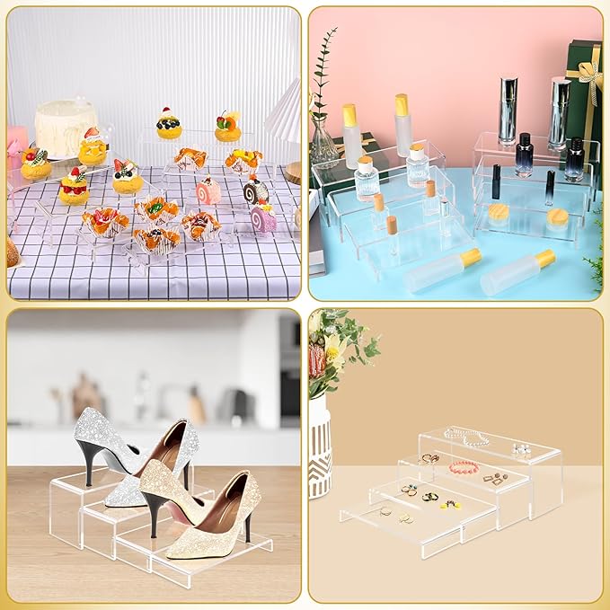 8 Pcs Large Acrylic Display Risers, 2 Sets Clear Stands, 0.19" Thick Rectangular Shelf for Showcase, Dessert, Toys, Perfume