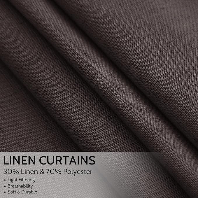 Nanspring Cocoa Coffee Linen Blend Light Filtering Back Tab Curtains 84 Inches Long, Semi Sheer Privacy Drapes for Living Room & Bedroom Simple Style, 52x84 inch, 2 Panels