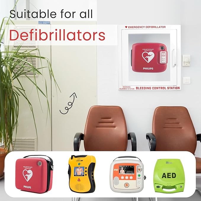 AED Defibrillator Wall Mounted Cabinet with Bleeding Control Kit Storage, 20-Gauge Steel, Large 17.4x17.3x6.9 Inch, Durable Metal Cabinet with Clear Window & Door Activated Alarm–Fits All AED Brands