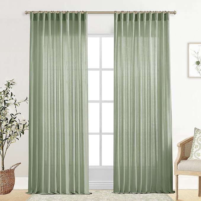 XTMYI 70 Inches Wide Sage Green 96 Inches Long Country Curtains for Living Room,Sheer Linen Curtains for Bedroom