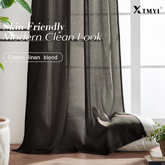XTMYI Chocolate Brown Curtains 96 Inches Long 2 Panel Set,Sheer Linen Pleated Back Tab Window Drapes Curtains for Living Room 96 Inch Length,Dark Brown