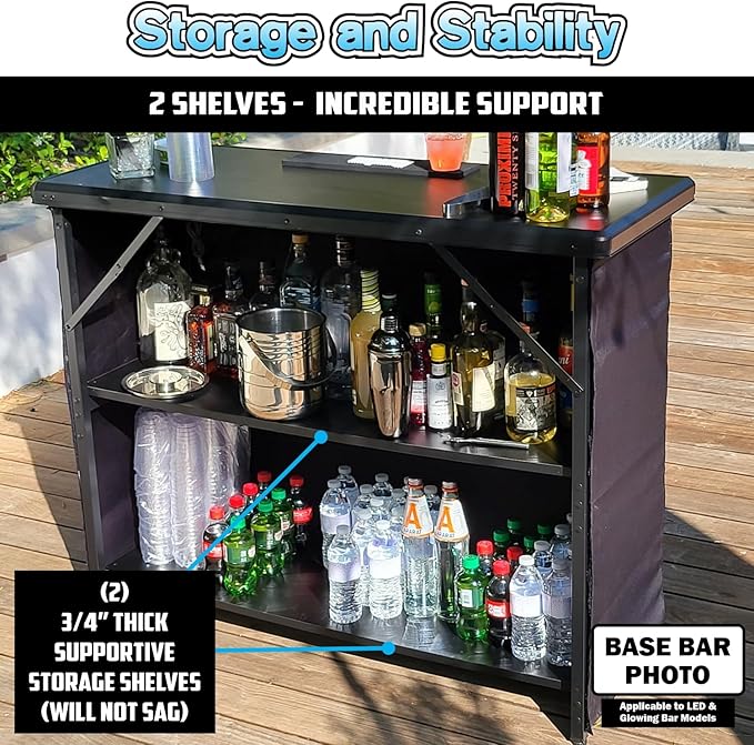 PartyLife Custom Premium Portable Bar Table w/LED Lights, Wireless Remote, Folding Legs, Black Fabric Bar Skirt, 2 Storage Shelves & 2 Carrying Bags | Commercial Grade | Strong & Sturdy