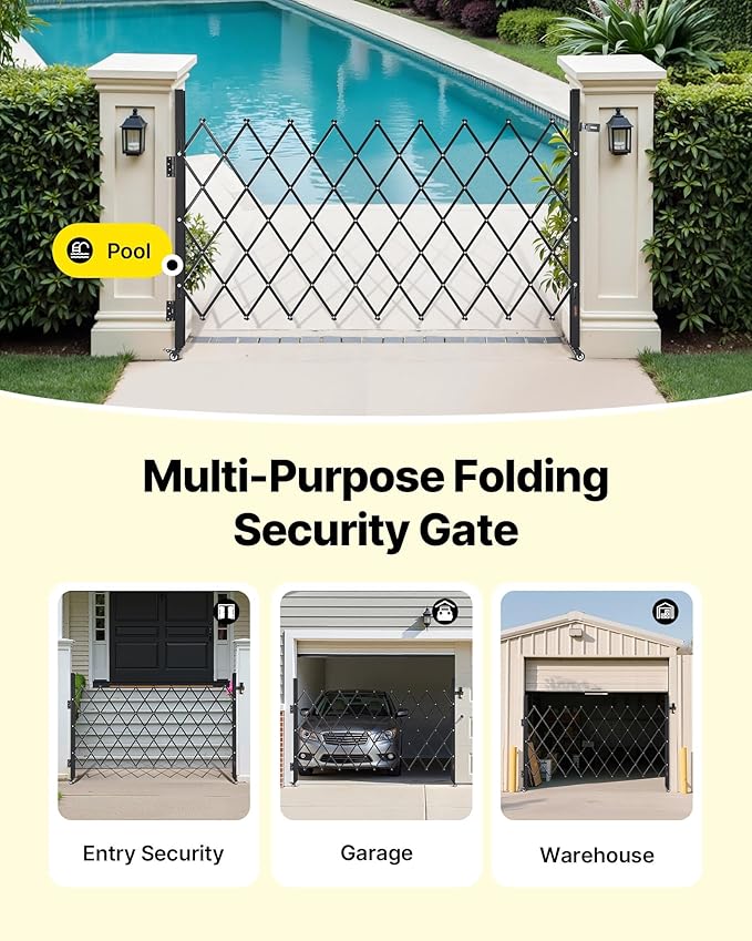 VEVOR Single Folding Security Gate, Lockable Scissor Gate with 360° Swivel Casters, Outdoor Barricade Steel Retractable Gates, for Entry Security, Garage, Warehouse & Pool, 74.80 x 51.57 in (W x H)