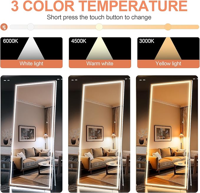 Full Length Mirror with Lights, 71" x 24" LED Lighted Floor Standing Body Mirror, Dimmable & 3 Color Lighting for Bedroom, Cloakroom, Dressing Room, Tempered Glass, Square White