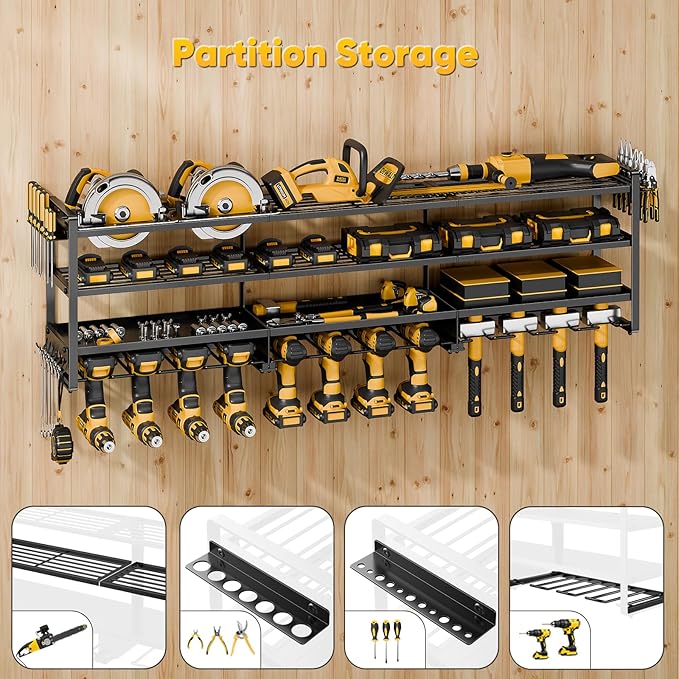 49" W Large Power Tool Organizer Wall Mount, 4 Layer Heavy Duty Loads 800 lbs, Tool Rack Holds 12 Cordless Drills, Large Capacity Battery Holder for Garage Storage, Christmas Gift for Men