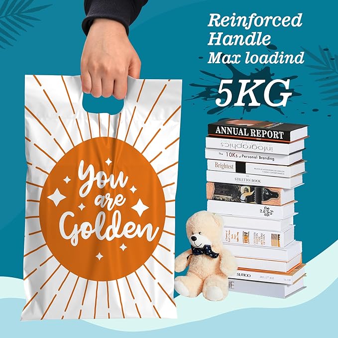 JinRuiKJ Poly Mailers with Handle 10x13 Inch 100 Pcs, Easy to Carry Packaging Bags for Small Business, Thank You Shipping Bags with Self Adhesive Strip, Tearproof and Waterproof - You are Golden