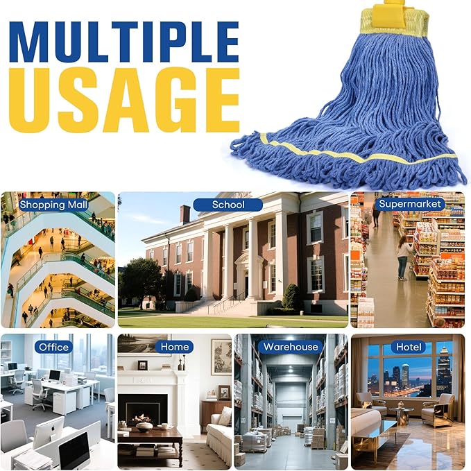 Matthew Cleaning Commercial Mop Head Replacement, 5 Inch Wide Headband, Looped End Cotton Blend String Wet Mops for Floor Cleaning, 24 oz Large, Case Pack 12 Pcs Blue