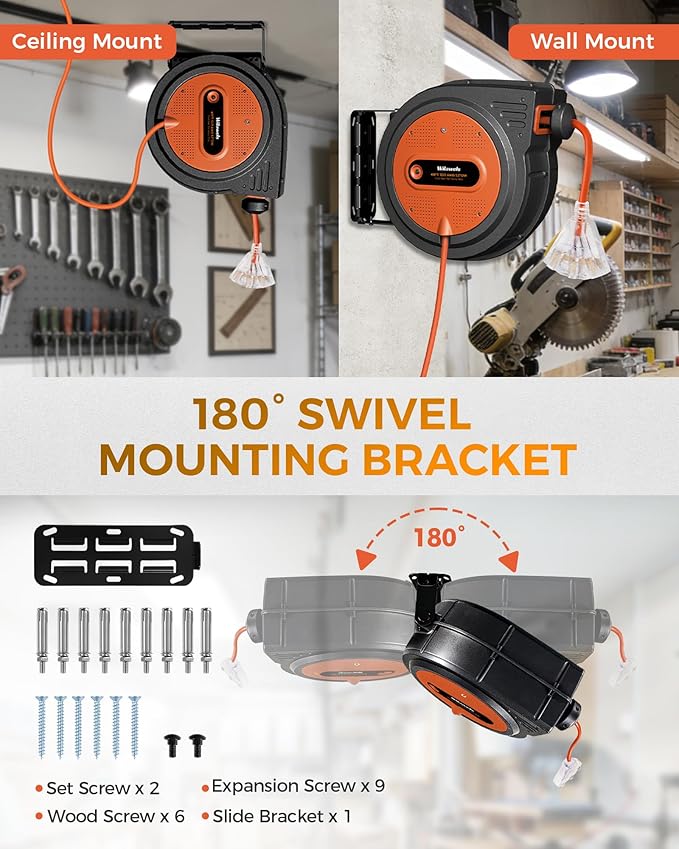 40 FT Retractable Extension Cord Reel, Heavy Duty Power Cord, 12AWG/3C SJTOW, 3 Grounded Outlets Lighted Triple Tap, 15 Amp Circuit Breaker, Wall/Ceiling Mounted, ETL Listed, Orange G40ACR06