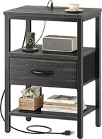 SUPERJARE Nightstand with Charging Station, Bed Side Table with Adjustable Fabric Drawer, Night Stand for Bedroom, 3-Tier Storage End Table, for Living Room, Charcoal Black Wood Grain Print