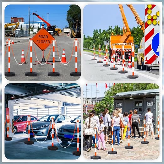 Amylove 12 Packs Traffic Delineator Post Cone with Base, Traffic Cones Safety Cones Caution Cones Plastic Stanchion Chain Safety Barriers with 6.6 Feet Link Chain and S Hooks for Parking Lot (Orange)